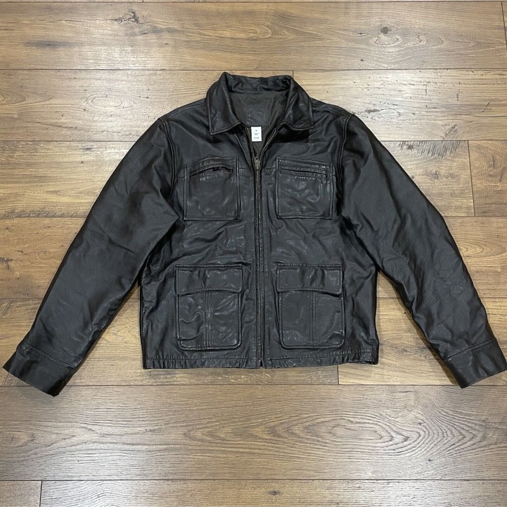 Gap Leather Jacket Mens Medium Black Lambskin Y2K Bomber Pockets Full-Zip Lined